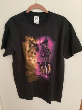 Delta Black Tee with Wolf & Dreamcatcher Art in Purple and Gold